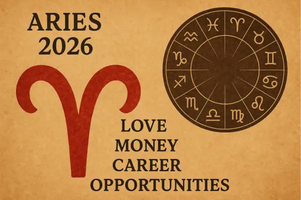 Vintage-style Aries 2026 horoscope image featuring the Aries symbol and zodiac wheel, representing predictions for love, money, career, and opportunities.