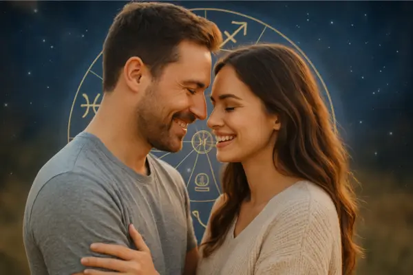 Romantic couple smiling at each other with a glowing zodiac wheel in the background, symbolizing astrological compatibility and lasting love.
