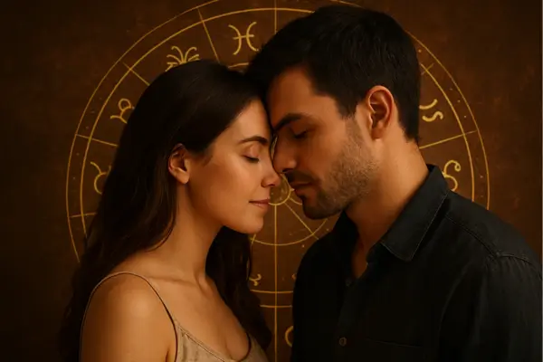 A couple sharing a serene, intimate moment in front of a glowing golden zodiac wheel, symbolizing strong emotional and astrological chemistry.