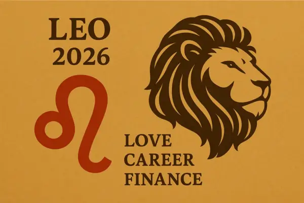 Illustration of the Leo zodiac symbol and a stylized lion head on a golden background, representing the 2026 horoscope for love, career, and financial growth.