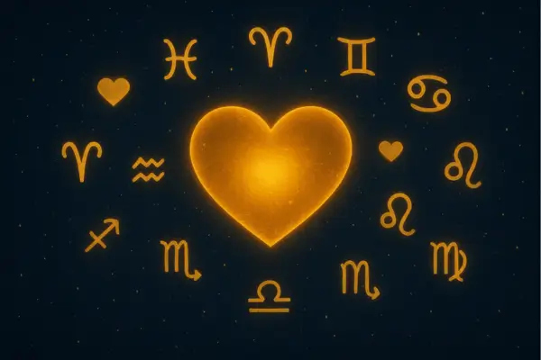Realistic celestial scene with a glowing golden heart surrounded by zodiac symbols, representing love predictions for each sign in 2026.