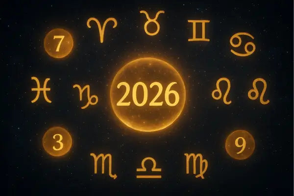 Realistic celestial composition featuring zodiac symbols and glowing lucky-number orbs, representing fortune and prosperity for 2026.