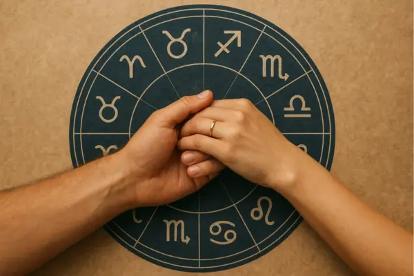 Realistic image of intertwined hands placed over a zodiac wheel, symbolizing love, connection, and astrological compatibility for 2026.