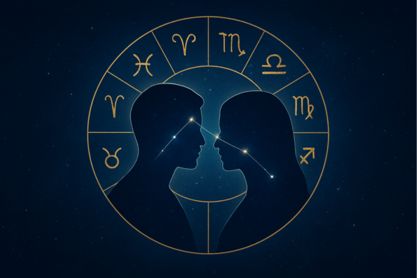 Two celestial silhouettes facing each other with glowing constellation lines and a golden zodiac wheel in the background, symbolizing astrological compatibility and cosmic connection.